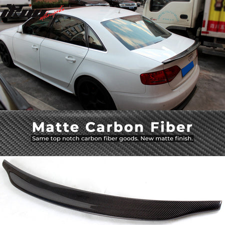 IKON MOTORSPORTS, Trunk Spoiler Compatible With 2009-2016 Audi A4 B8 Sedan , Matte Carbon Fiber + FRP Type A Rear Spoiler Wing, 2014 2015