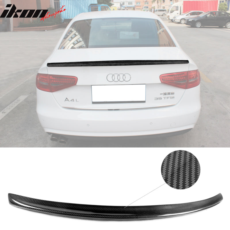 IKON MOTORSPORTS, Trunk Spoiler Compatible With 2009-2016 Audi A4 B8 Sedan , Matte Carbon Fiber + FRP Factory Style Rear Spoiler Wing, 2010 2011 2012 2013 2014 2015