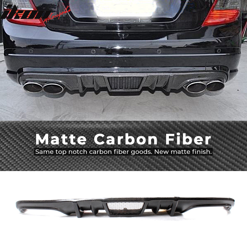 IKON MOTORSPORTS, Rear Diffuser Compatible With 2008-2011 Mercedes-Benz C Class W204 C63 , Matte Carbon Fiber + FRP R Style Rear Bumper Lip Spoiler Wing, 2009 2010