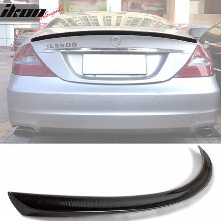 IKON MOTORSPORTS, Trunk Spoiler Compatible With 2005-2010 Mercedes-Benz W219 CLS300 CLS350 CLS63 AMG Sedan 4-Door , Matte Carbon Fiber + FRP AMG Style Rear Spoiler Wing, 2007 2008 2009