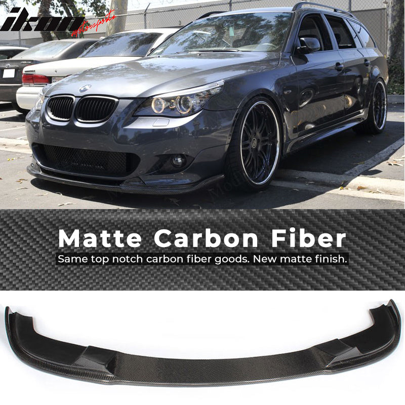 IKON MOTORSPORTS, Front Bumper Lip Compatible With 2004-2010 BMW 5 Series E60 M Sport , Matte Carbon Fiber + FRP HM Style Front Lip Spoiler Wing Chin Splitter, 2005 2006 2007 2008 2009