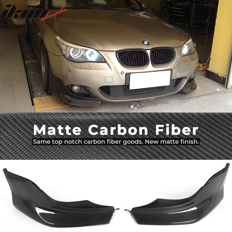 IKON MOTORSPORTS, Front Splitters Compatible With 2004-2010 BMW 5 Series E60 M5 , Matte Carbon Fiber + FRP 3D Style Front Bumper Lip Chin Spoiler Wing 2PC , 2005 2006 2007 2008 2009