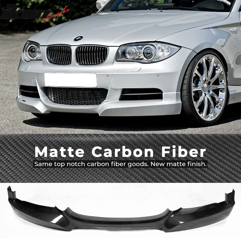 IKON MOTORSPORTS, Front Bumper Lip Compatible With 2007-2013 BMW 1 Series E82 Coupe M Sport Bumper , Matte Carbon Fiber + FRP HT Style Front Lip Spoiler Wing Chin Splitter, 2008 2009 2010 2011 2012