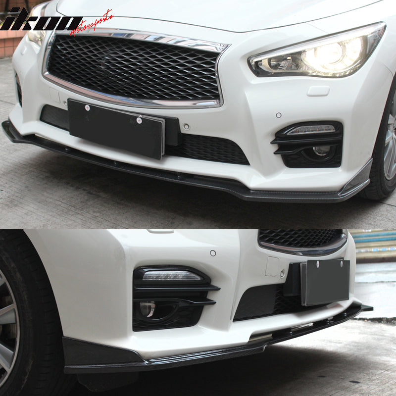 IKON MOTORSPORTS, Front Bumper Lip Compatible With 2014-2017 Infiniti Q50 Sport , Matte Carbon Fiber + FRP ST Style Front Lip Spoiler Wing Chin Splitter, 2015 2016