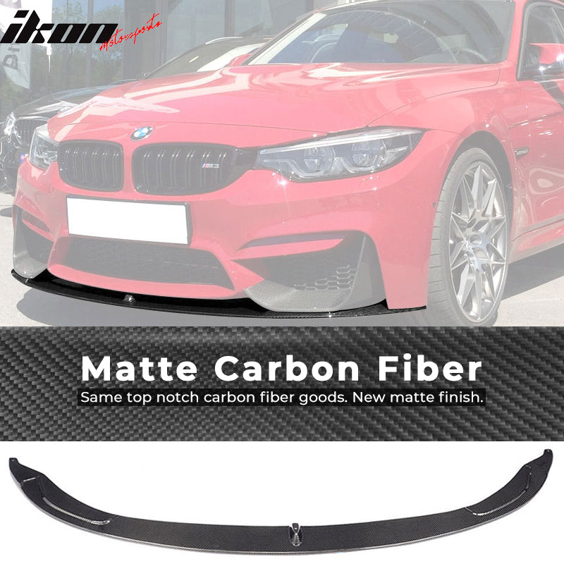 IKON MOTORSPORTS, Front Bumper Lip Compatible With 2015-2020 BMW M3 M4 F80 F82 Coupe Sedan , Matte Carbon Fiber P Style Front Lip Spoiler Wing Chin Splitter, 2016 2017 2018 2019