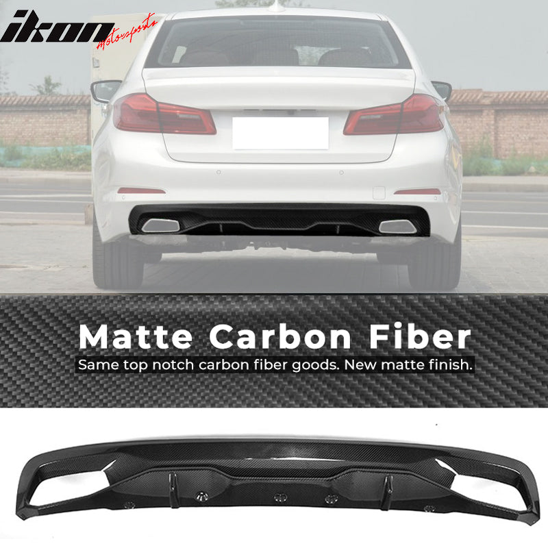 IKON MOTORSPORTS, Rear Diffuser Compatible With 2017-2018 BMW 5 Series G30 530i 540i Base, M Performance Style Matte Carbon Fiber Rear Bumper Lip Valance Spoiler