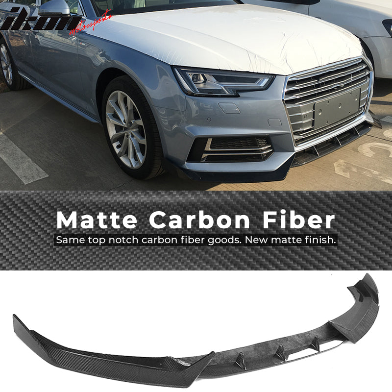 IKON MOTORSPORTS, Front Bumper Lip Compatible With 2017-2018 Audi A4 S4 B9, JC Style Matte Carbon Fiber Front Lip Chin Valance Spoiler Splitter