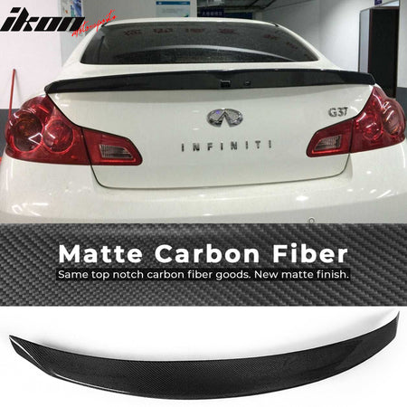 IKON MOTORSPORTS, Trunk Spoiler Compatible With 2007-2015 Infiniti G35 G25 G37 Q40 Sedan, JD Style Matte Carbon Fiber Rear Spoiler Wing, 2008 2009 2010 2011 2012 2013 2014