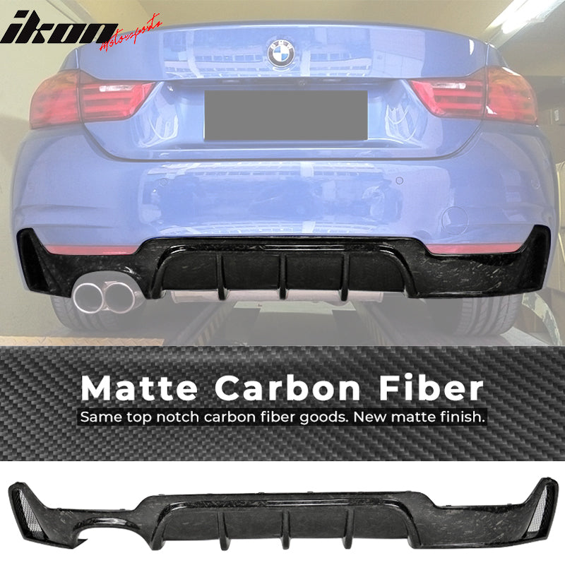 IKON MOTORSPORTS, Rear Diffuser Compatible With 2014-2020 BMW 4 Series F32 F33 F36 M Sport 428i 435i 430i 440i, P Style Matte Forged Carbon Fiber Rear Bumper Lip Diffuser , 2015 2016 2017 2018 2019