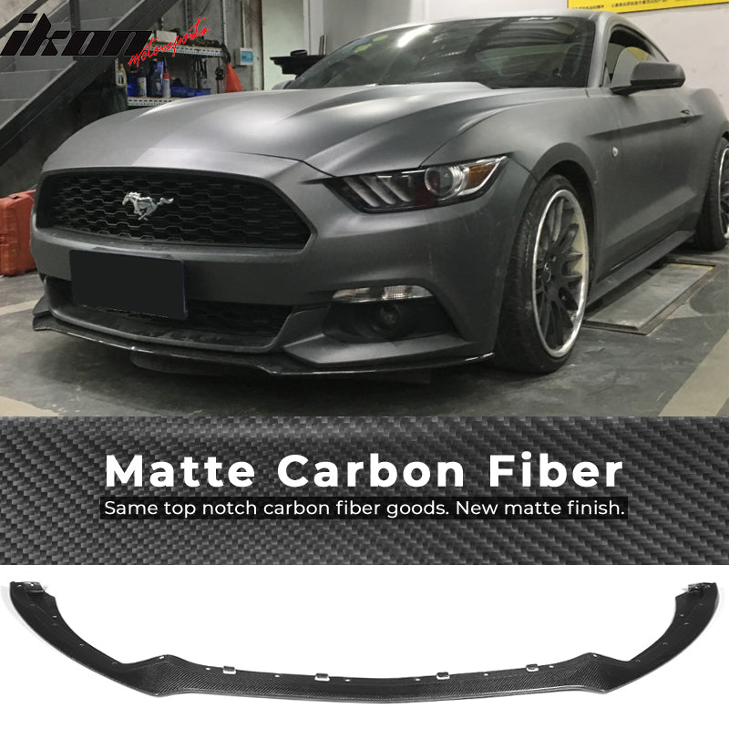 IKON MOTORSPORTS, Front Bumper Lip Compatible With 2015-2017 Ford Mustang Coupe Except GT350, Factory Style Matte Carbon Fiber Front Lip Chin Valance Spoiler Splitter, 2016