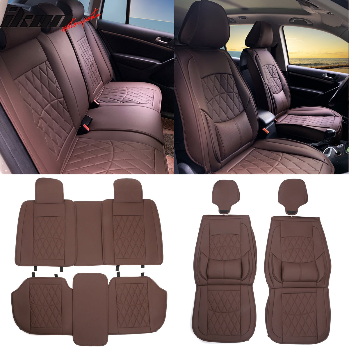 Universal PU Leather Car Seat Covers w/ Lumbar 04B Style 5-Seat Full Set