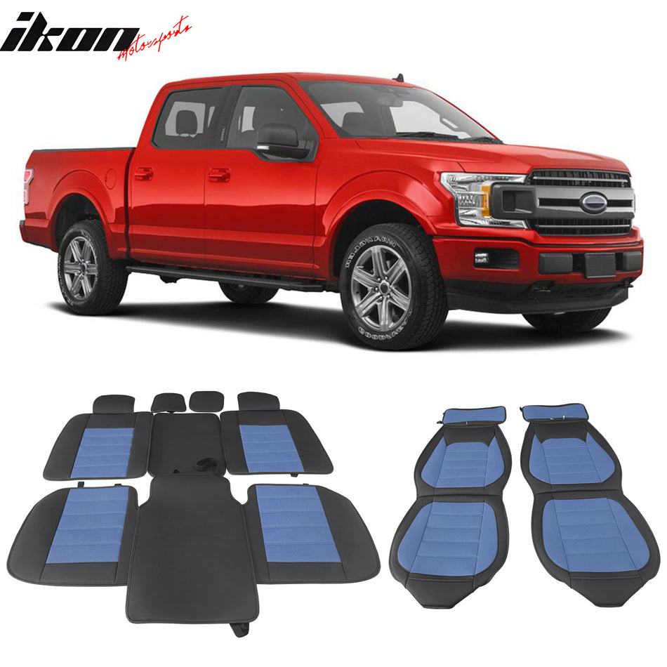 IKON MOTORSPORTS, Full Set Seat Covers Compatible with 2009-2023 Ford F150 Crew Cab, PU Leather Car Seat Cushion Cover Protectors, Driver Seat Cover with Pocket