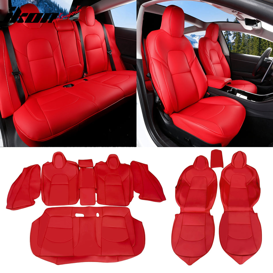 IKON MOTORSPORTS, Full Set Car Seat Covers Compatible With 2017-2023 Tesla Model 3 4-Door, Leather 5-Seat Seat Cover