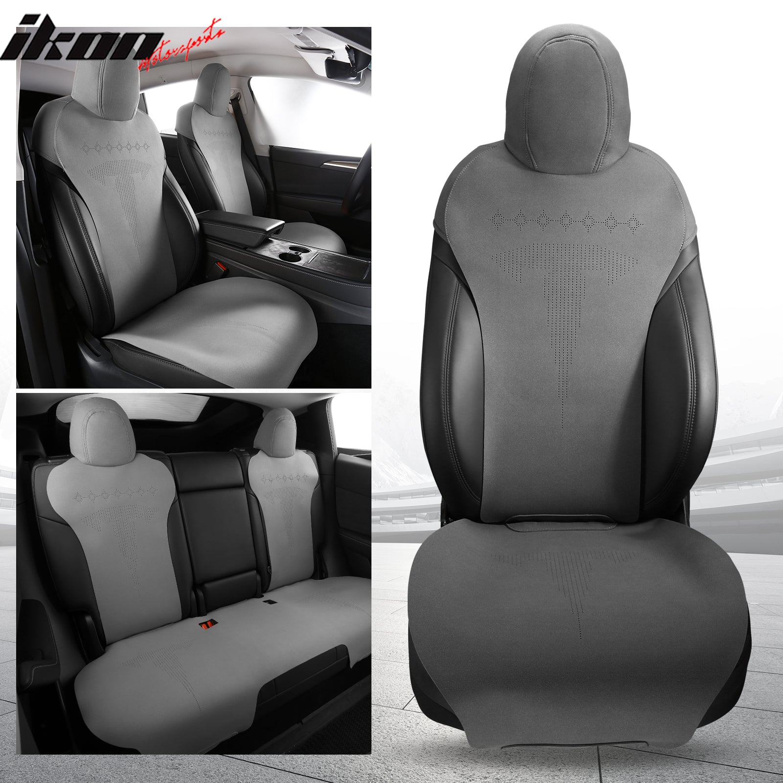 IKON MOTORSPORTS Seat Cover Cushions Compatible with 2017-2023 Tesla Model 3, Suede Leather (Front + Second Row, V2 Style)