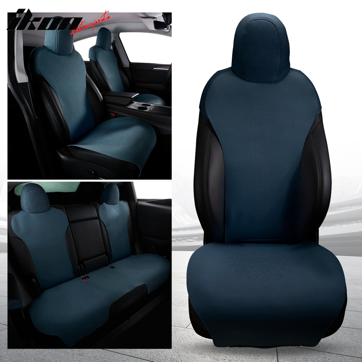 IKON MOTORSPORTS Seat Cover Cushions Compatible with 2020-2023 Tesla Model Y, Suede Leather (Front + Second Row, V1 Style)