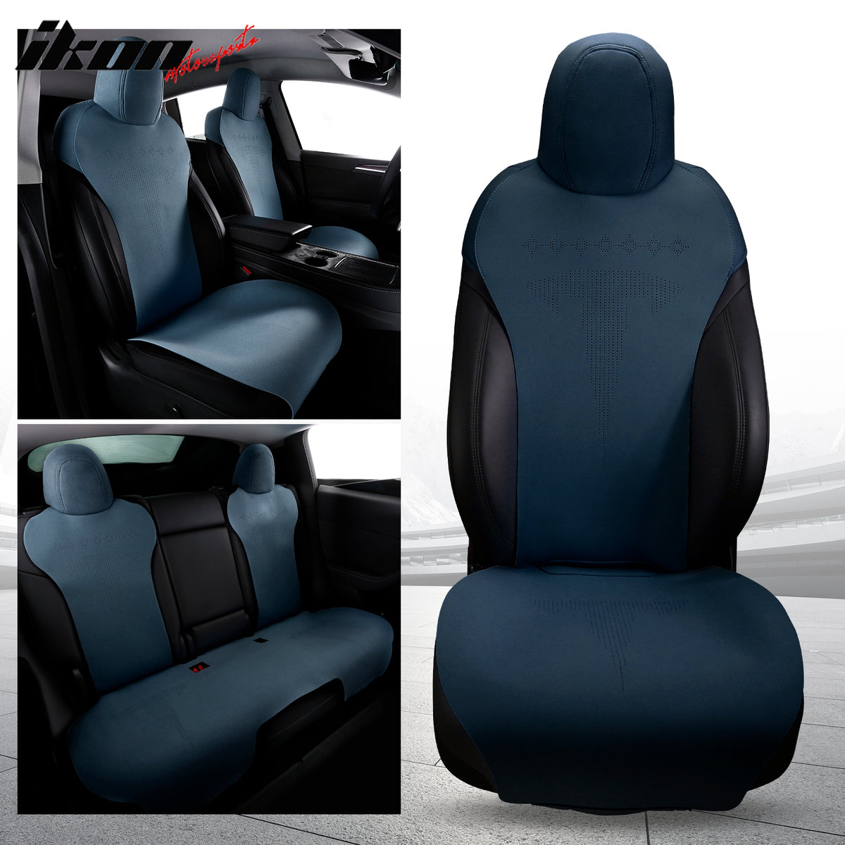 IKON MOTORSPORTS Seat Cover Cushions Compatible with 2020-2023 Tesla Model Y, Suede Leather (Front + Second Row, V2 Style)