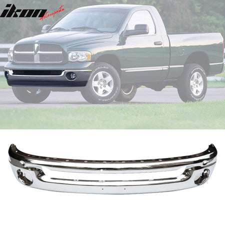 IKON MOTORSPORTS, Front Bumper Face Bar Compatible With 2002-2009 Dodge Ram 1500 2500, Pickup Front Bumper Cover Conversion Reinforcement Black / Chrome