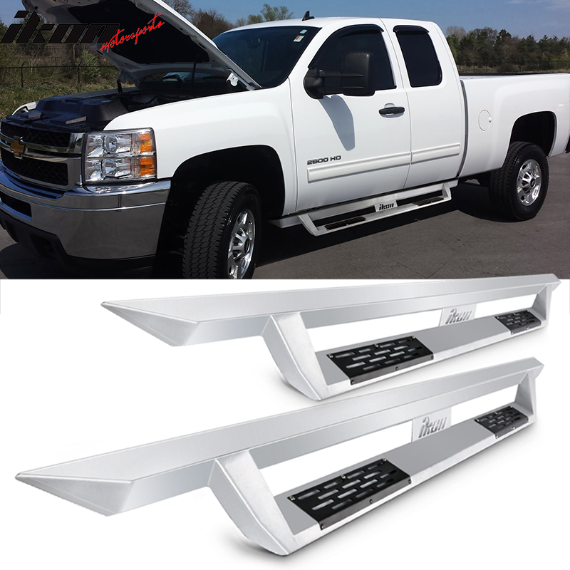 2007-2018 Chevy Silverado Sierra IKON V1 Silver Running Board Steel