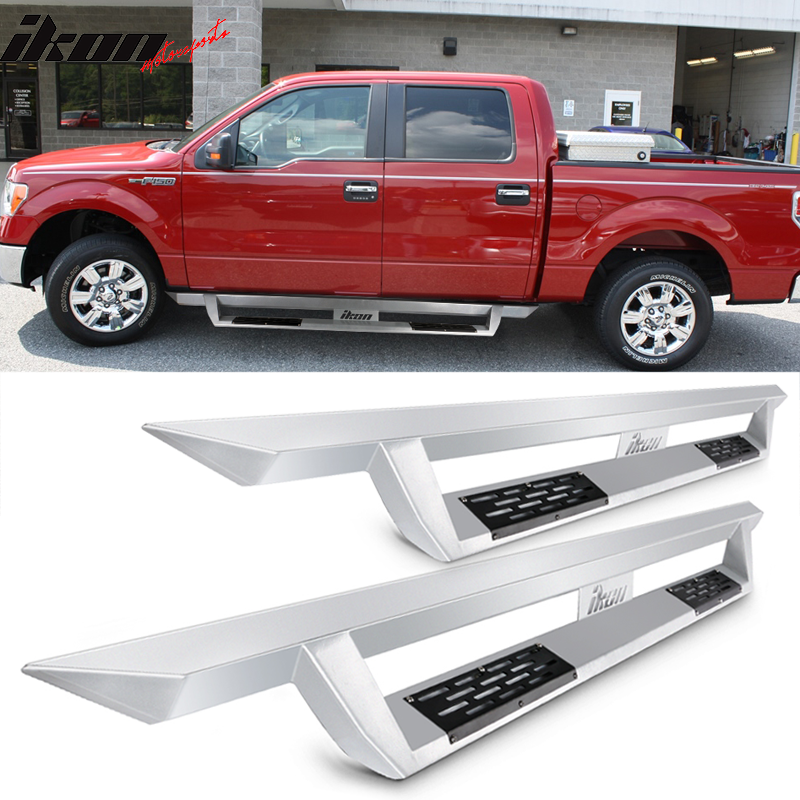 2009-2014 Ford F-150 Crew Cab IKON V1 Silver Running Board Solid Steel