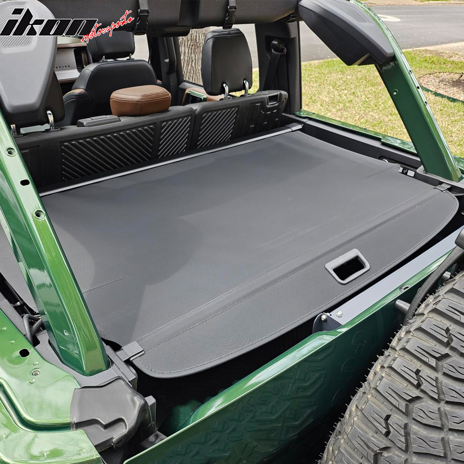 IKON MOTORSPORTS, Rear Cargo Cover Compatible With 2021-2025 Ford Bronco 4-Door, Retractable Rear Trunk Security Cargo Cover Luggage Shade Black