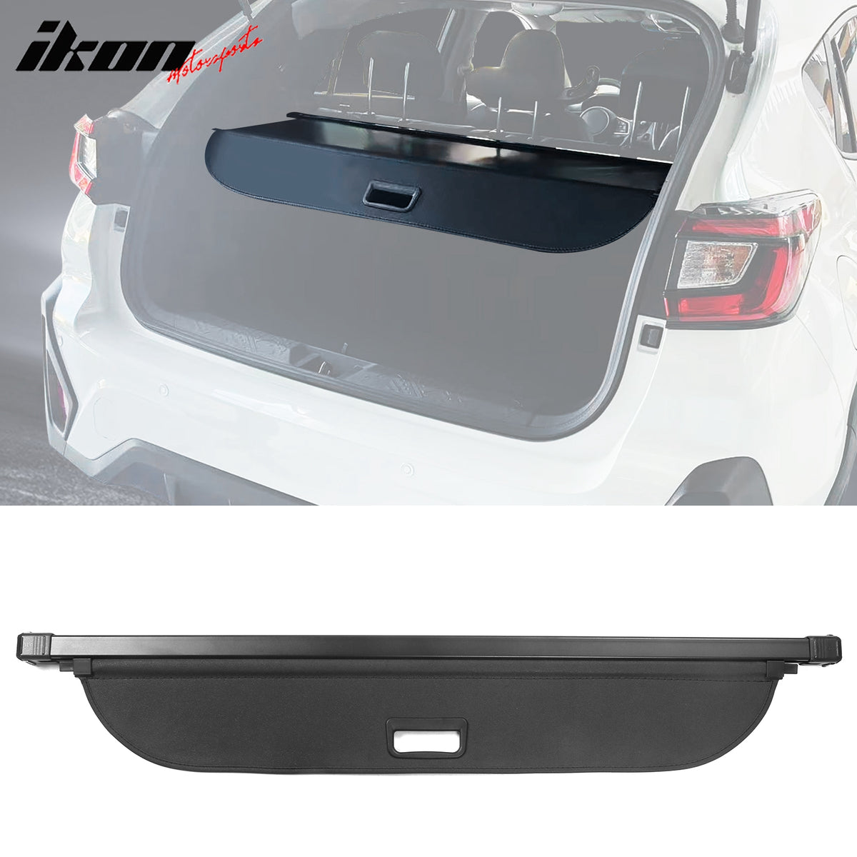 IKON MOTORSPORTS, Cargo Cover Compatible With 2024-2025 Subaru Crosstrek & Impreza All Models, OEM Style PVC & Aluminum Rod Black Security Rear Trunk Cover Security Retractable Shield