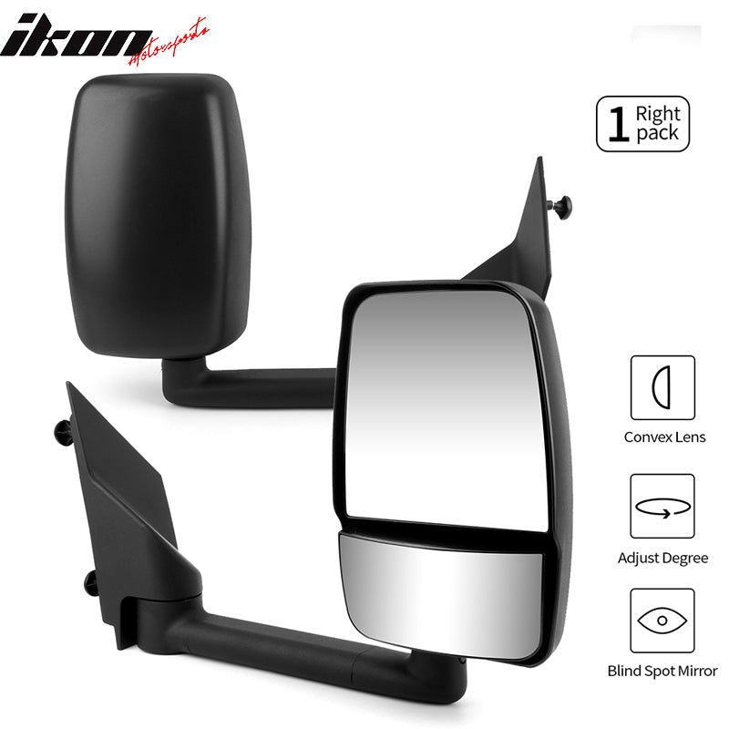 Right Side Towing Mirror Compatible With 2003-2017 Chevy Express GMC Savana, View Tow Mirror Textured Black 1PC by IKON MOTORSPORTS, 2004 2005 2006 2007 2008 2009 2010 2011 2012 2013 2014 2015 2016