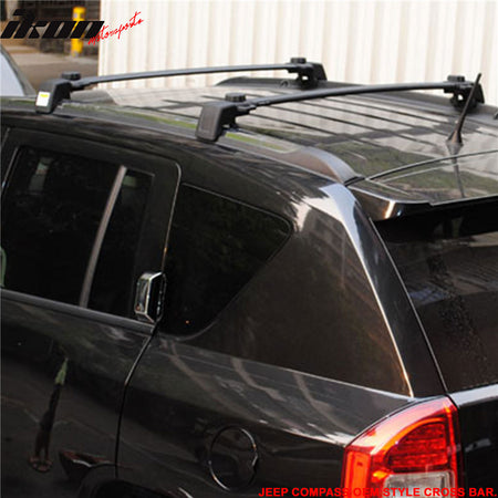 Cross Bar Compatible With 2011-2016 Jeep Compass, Factory Style Roof Rack Crossbar Black ABS Aluminum by IKON MOTORSPORTS, 2012 2013 2014 2015