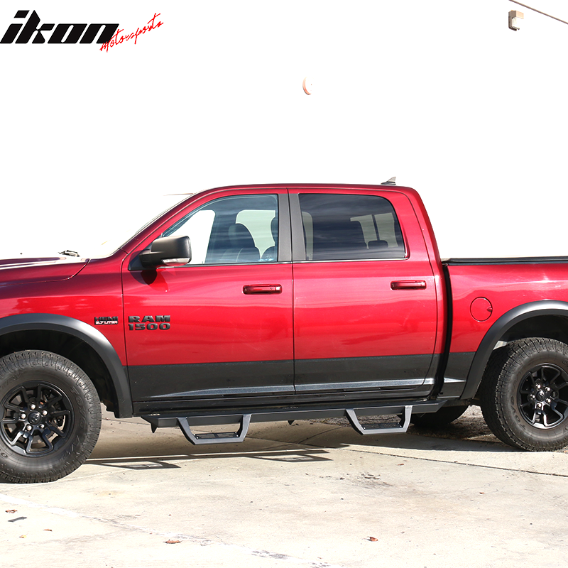 IKON MOTORSPORTS, Running Boards Compatible With 2009-2023 Dodge Ram 1500 2500 3500 Quad Cab, IKON V2 Style Black Steel Side Step Bar Nerf Bar