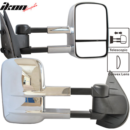 IKON MOTORSPORTS, Towing Mirror Compatible With 2007-2014 Chevy Silverado, Chrome Side View Tow Mirrors Manual Non-Heated Pair, 2008 2009 2010 2011 2012 2013