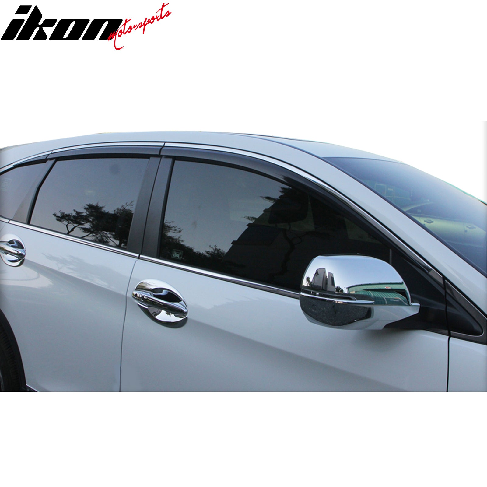 IKON MOTORSPORTS Tape on Window Visors with Chrome Trim Compatible with 2012-2016 Honda CR-V, ABS Black with Chrome Trim Rain Guards, Side Window Wind Deflectors 6PCS