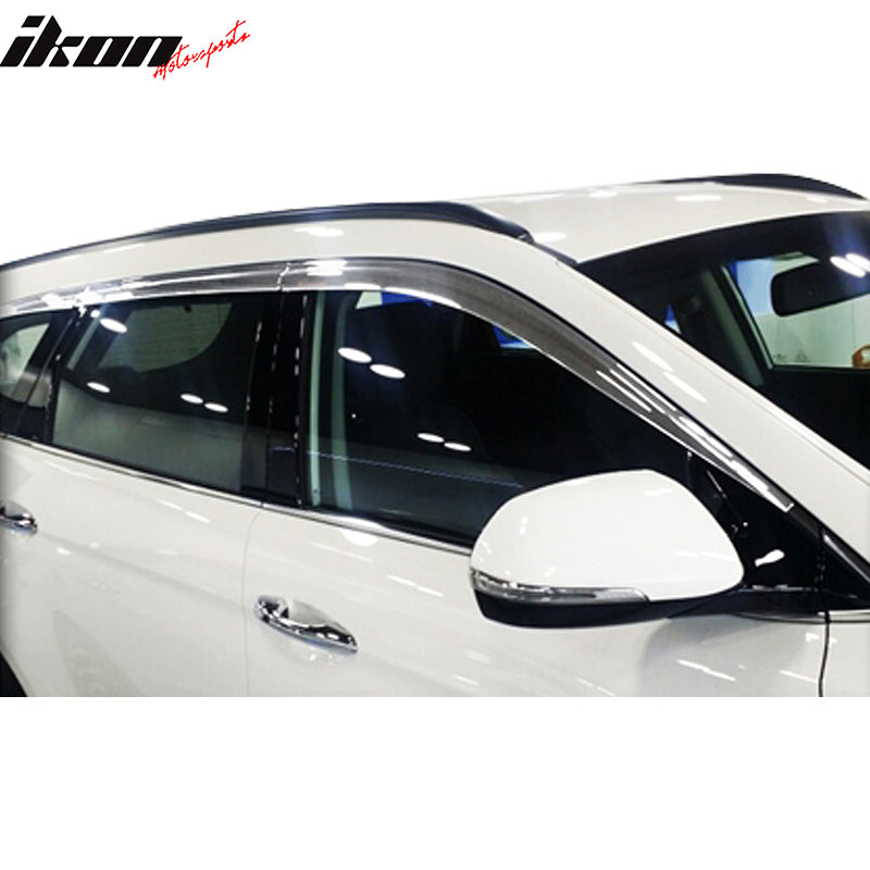 IKON MOTORSPORTS Tape On Window Visors Compatible with 2017-2018 Hyundai Santa Fe, ABS Plastic Chrome Rain Guards, Side Window Wind Deflectors 6PCS