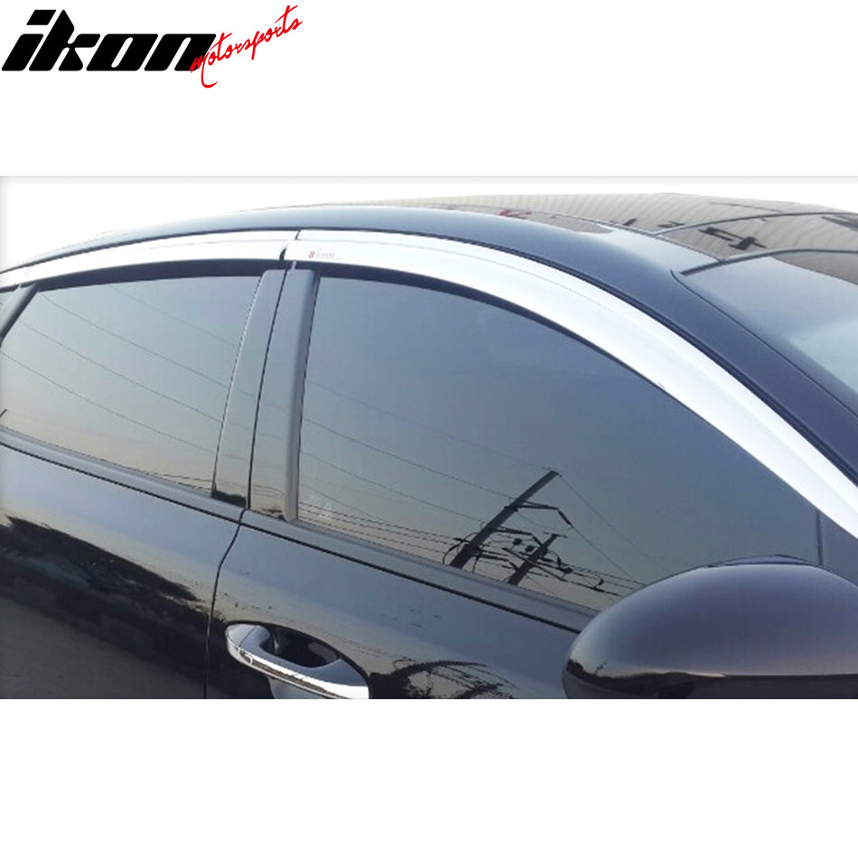 IKON MOTORSPORTS Tape On Window Visors Compatible with 2016-2020 Kia Optima, ABS Plastic Chrome Rain Guards, Side Window Wind Deflectors 6PCS