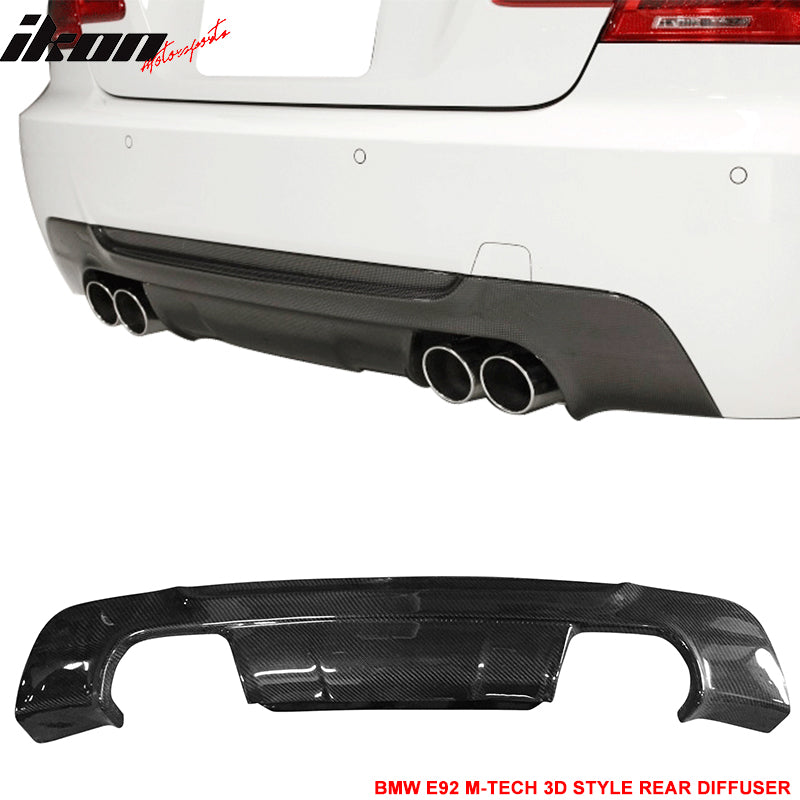 IKON MOTORSPORTS, Matte Carbon Fiber Rear Diffuser Compatible With 2007-2013 BMW E92, M-Tech M Sport 3D Style Rear Bumper Lip, 2008 2009 2010 2011 2012