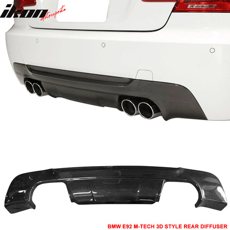 IKON MOTORSPORTS, Matte Carbon Fiber Rear Diffuser Compatible With 2007-2013 BMW E92, M-Tech M Sport 3D Style Rear Bumper Lip, 2008 2009 2010 2011 2012