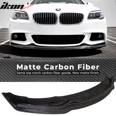 IKON MOTORSPORTS, Matte Carbon Fiber Front Bumper Lip Compatible With 2011-2016 BMW F10, 5 Series M-Tech M Sport AK Style Front Lip Spoiler, 2012 2013 2014 2015