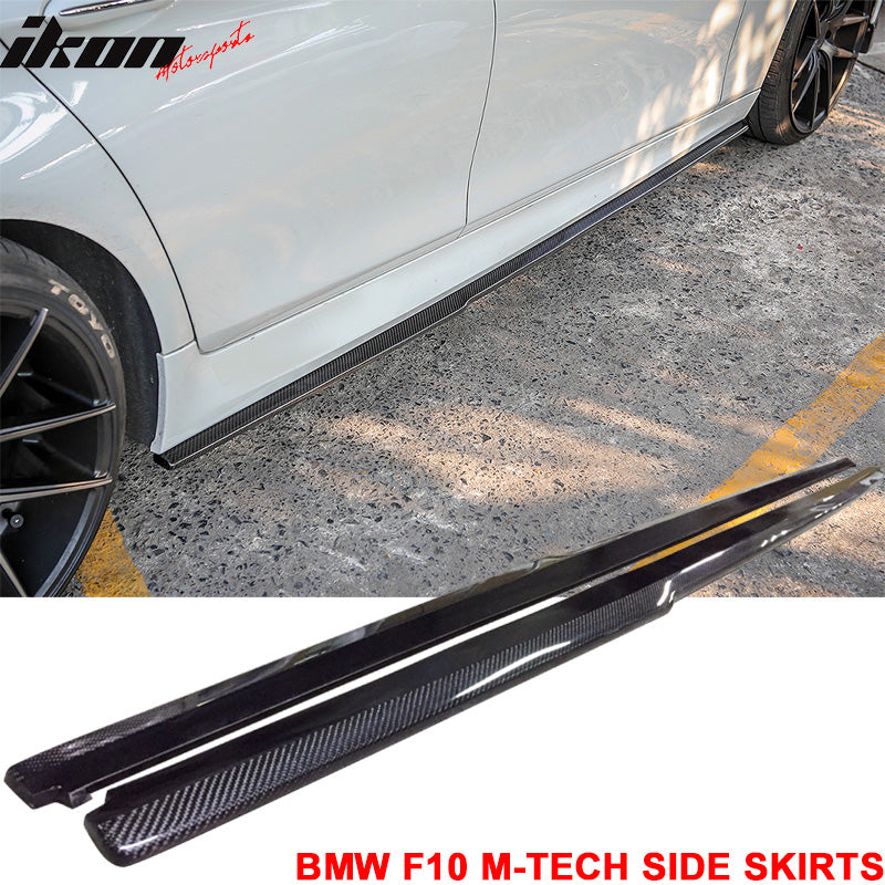 IKON MOTORSPORTS, Matte Carbon Fiber Side Skirts Compatible With 2011-2016 BMW F10, 5-Series M-Tech M Sport DP Style Side Skirt Extension Rocker Panel 2PC, 2012 2013 2014 2015