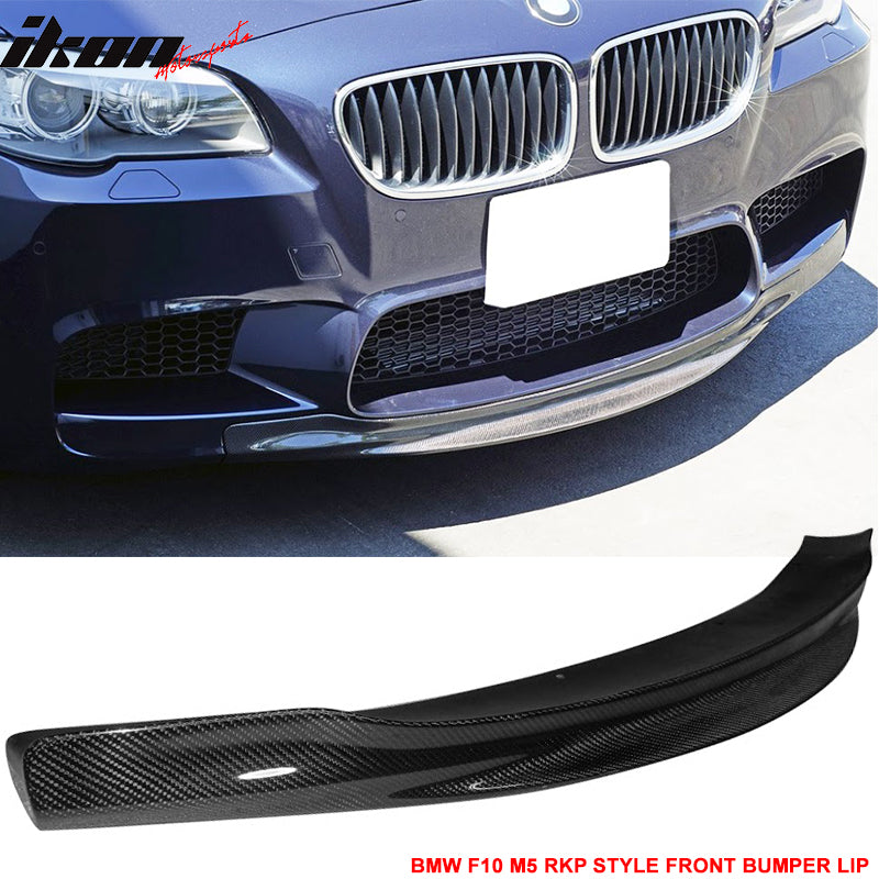 IKON MOTORSPORTS, Matte Carbon Fiber Front Bumper Lip Compatible With 2012-2016 BMW F10 M5, 5-Series RKP Style Front Lip Spoiler, 2013 2014 2015