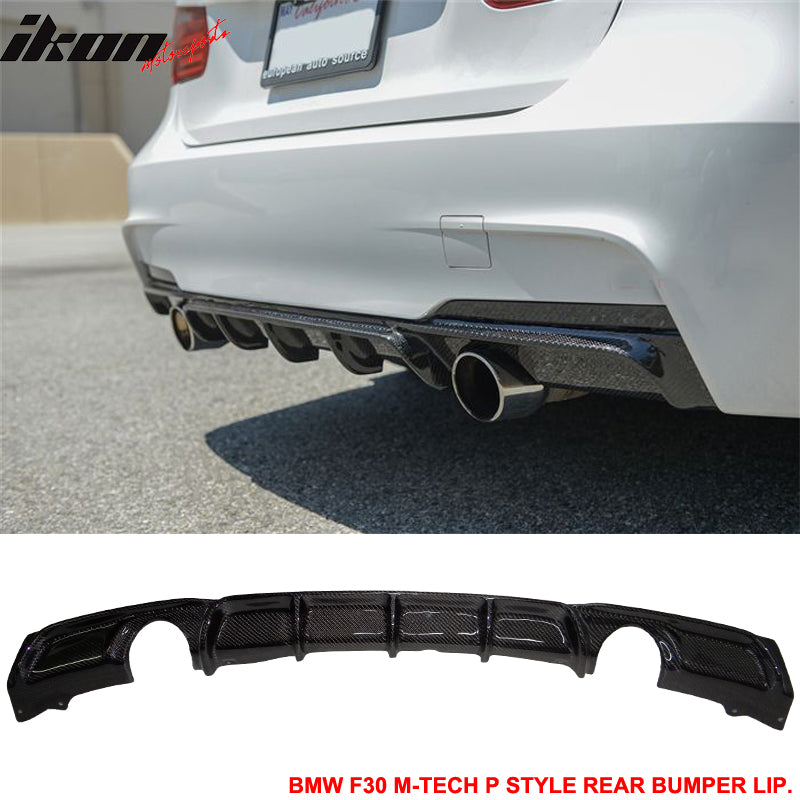 IKON MOTORSPORTS, Matte Carbon Fiber Rear Diffuser Compatible With 2012-2018 BMW F30, 3 Series 335 M-Tech M Sport Dual Exhaust P Style Rear Bumper Lip, 2013 2014 2015 2016 2017