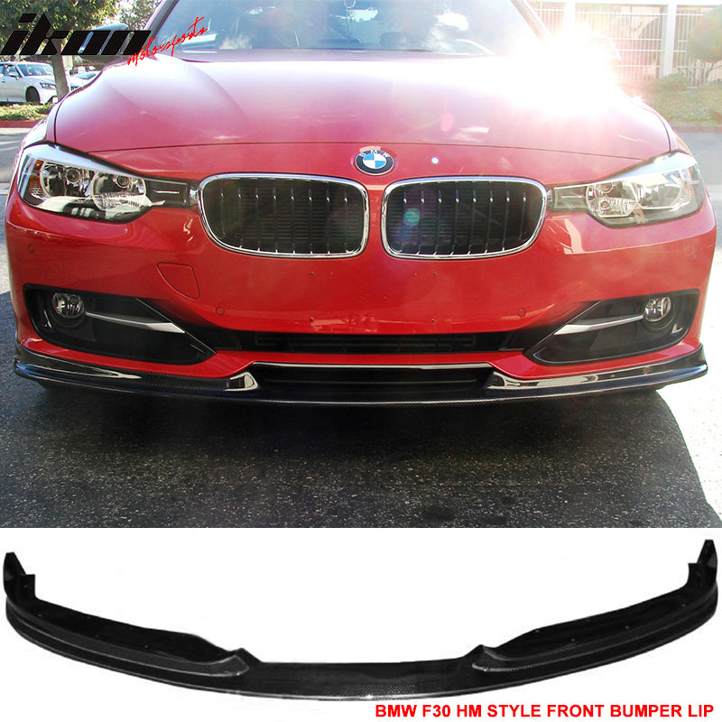 IKON MOTORSPORTS, Matte Carbon Fiber Front Bumper Lip Compatible With 2012-2015 BMW F30, 3-Series Sedan HM Style Front Lip Spoiler, 2013 2014