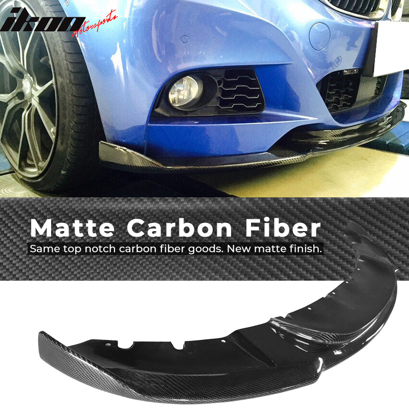 IKON MOTORSPORTS, Matte Carbon Fiber Front Bumper Lip Compatible With 2014-2016 BMW F34, 3 Series M-Tech M Sport HM Style Front Lip Spoiler, 2015