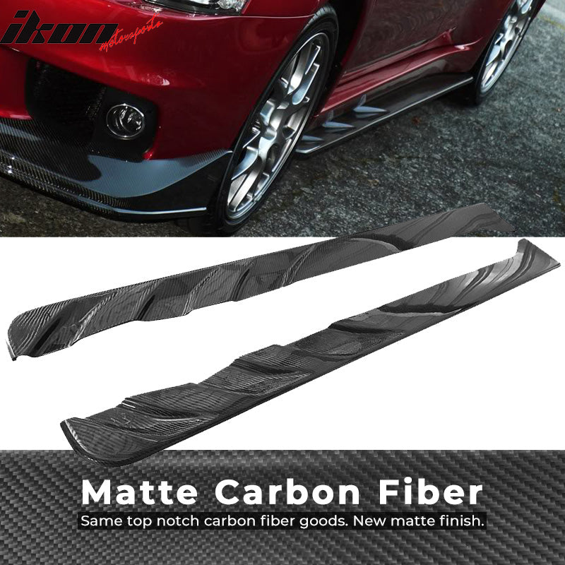 IKON MOTORSPORTS, Matte Carbon Fiber Side Skirts Compatible With 2008-2016 Mitsubishi Lancer EVO X, Jun Style Side Skirt Extension Rocker Panel 2PC, 2009 2010 2011 2012 2013 2014 2015