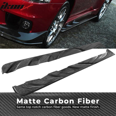 IKON MOTORSPORTS, Matte Carbon Fiber Side Skirts Compatible With 2008-2016 Mitsubishi Lancer EVO X, Jun Style Side Skirt Extension Rocker Panel 2PC, 2009 2010 2011 2012 2013 2014 2015