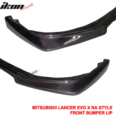 IKON MOTORSPORTS, Matte Carbon Fiber Front Bumper Lip Compatible With 2008-2015 Mitsubishi Lancer Evolution EVO X 10, RA Style Front Lip Spoiler, 2009 2010 2011 2012 2013 2014