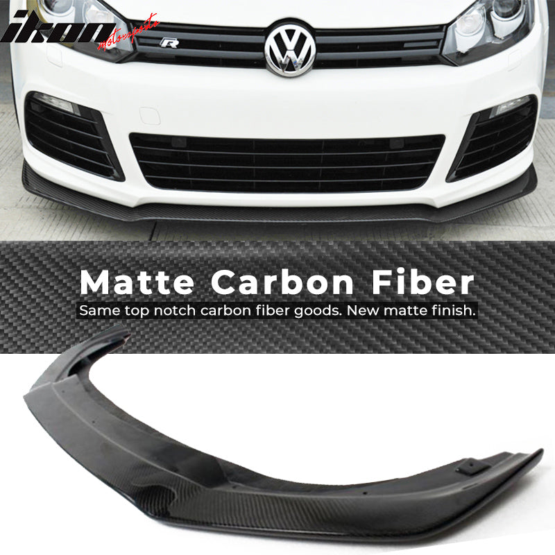 IKON MOTORSPORTS, Matte Carbon Fiber Front Bumper Lip Compatible With 2010-2013 Volkswagen Golf 6 R20, DP Style Front Lip Spoiler, 2011 2012