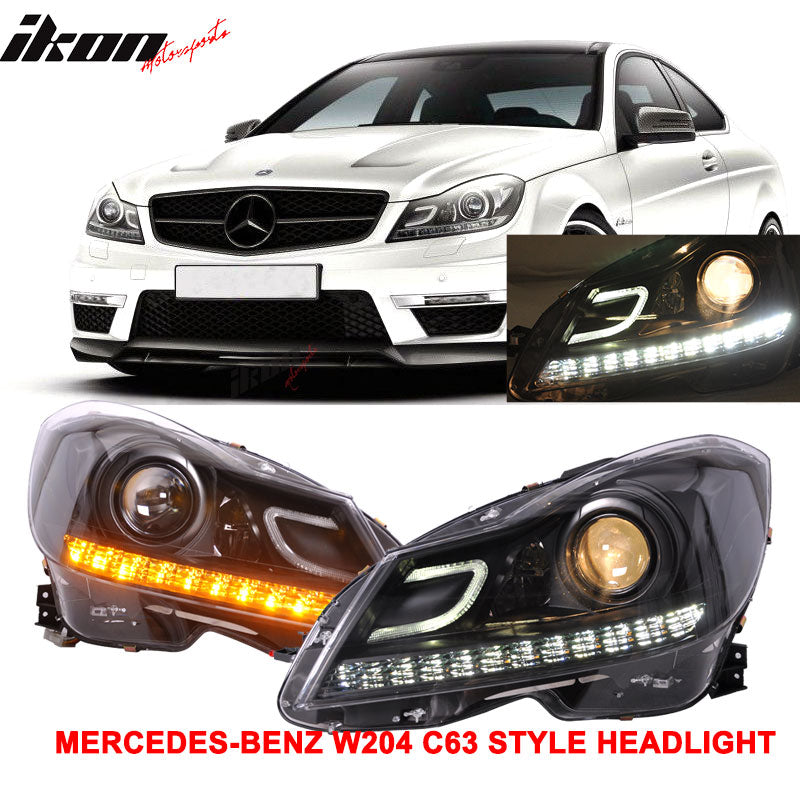 Compatible With 2008-2011 Mercedes W204 C-Class C63 AMG Hood + Projector Headlights Carbon Fiber CF