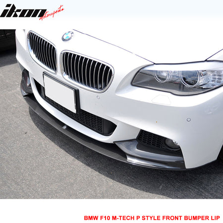 IKON MOTORSPORTS, Matte Carbon Fiber Front Bumper Lip Compatible With 2011-2016 BMW F10, 5 Series M-Tech M Sport P Style Front Lip Spoiler, 2012 2013 2014 2015