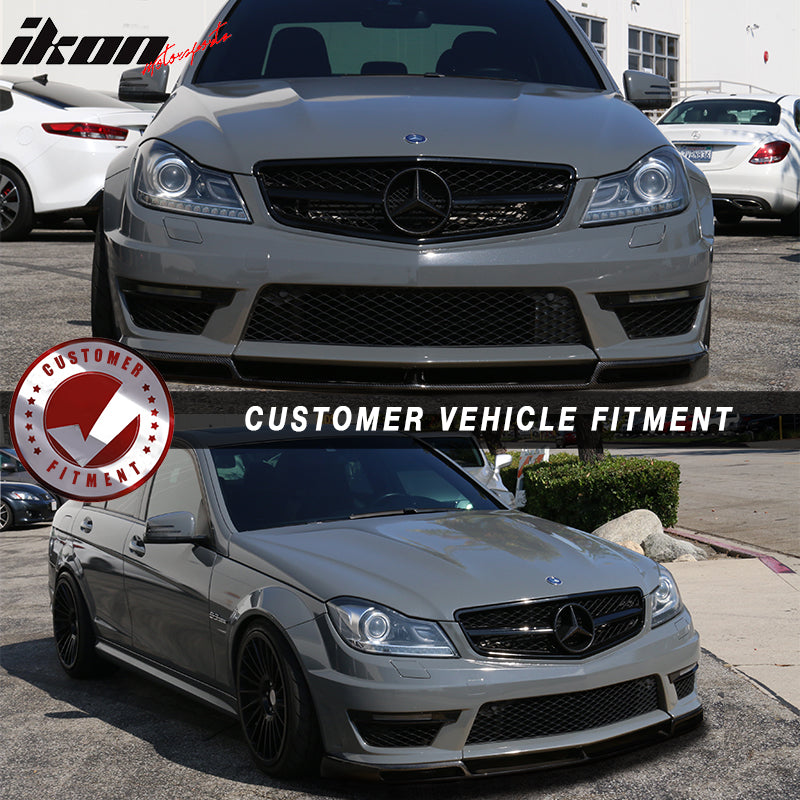 IKON MOTORSPORTS, Matte Carbon Fiber Front Bumper Lip Compatible With 2012-2014 Mercedes-Benz W204, C63 AMG V Style Front Lip Spoiler, 2013