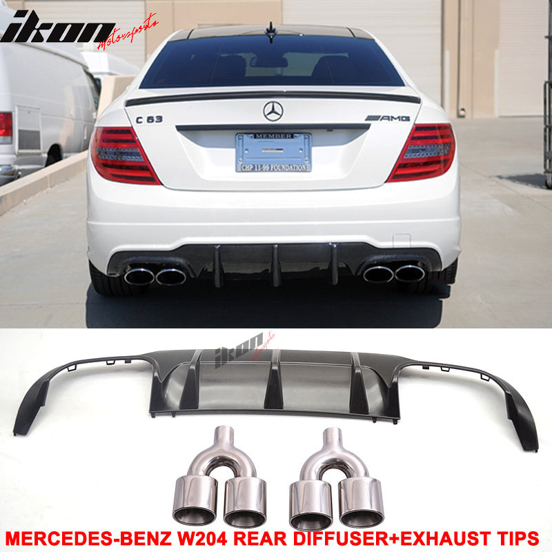 Fits 12-14 Benz W204 C-Class CF Rear Diffuser + C63 Exhaust Tips