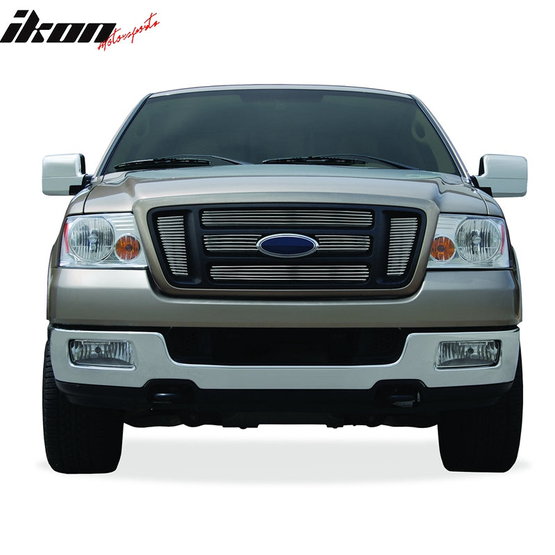 IKON MOTORSPORTS, Front Grille Compatible With 2004-2008 Ford F-150, Front Bumper Upper Hood Grille Insert Assembly Replacement Aluminum Polished Silver Horizontal Overlay Style