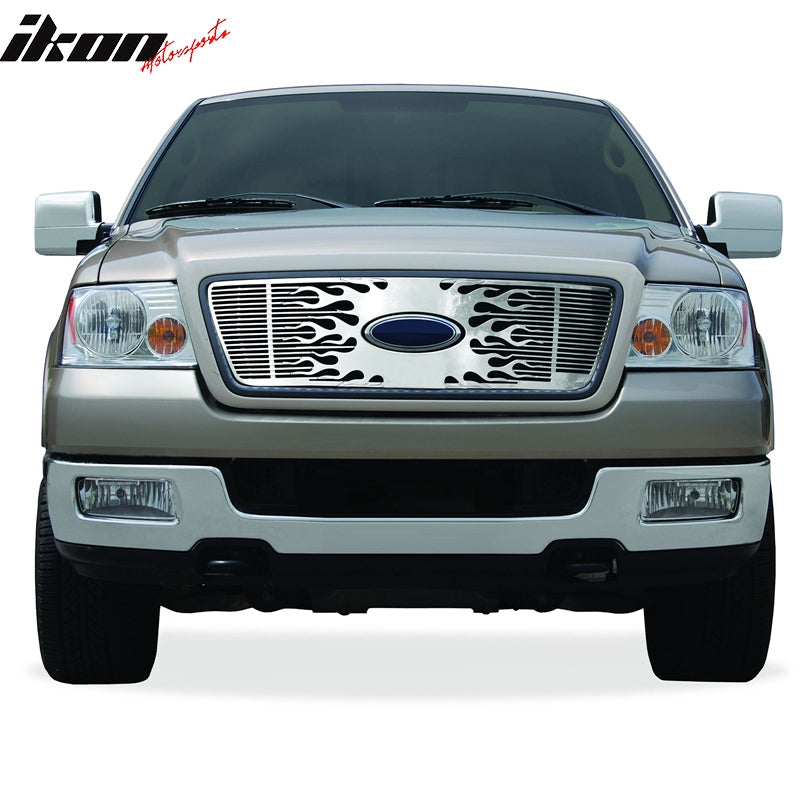 IKON MOTORSPORTS, Front Grille Compatible With 2004-2005 Ford F150, Front Bumper Upper Hood Grille Insert Assembly Replacement Aluminum Polished Silver HoneyComb Style